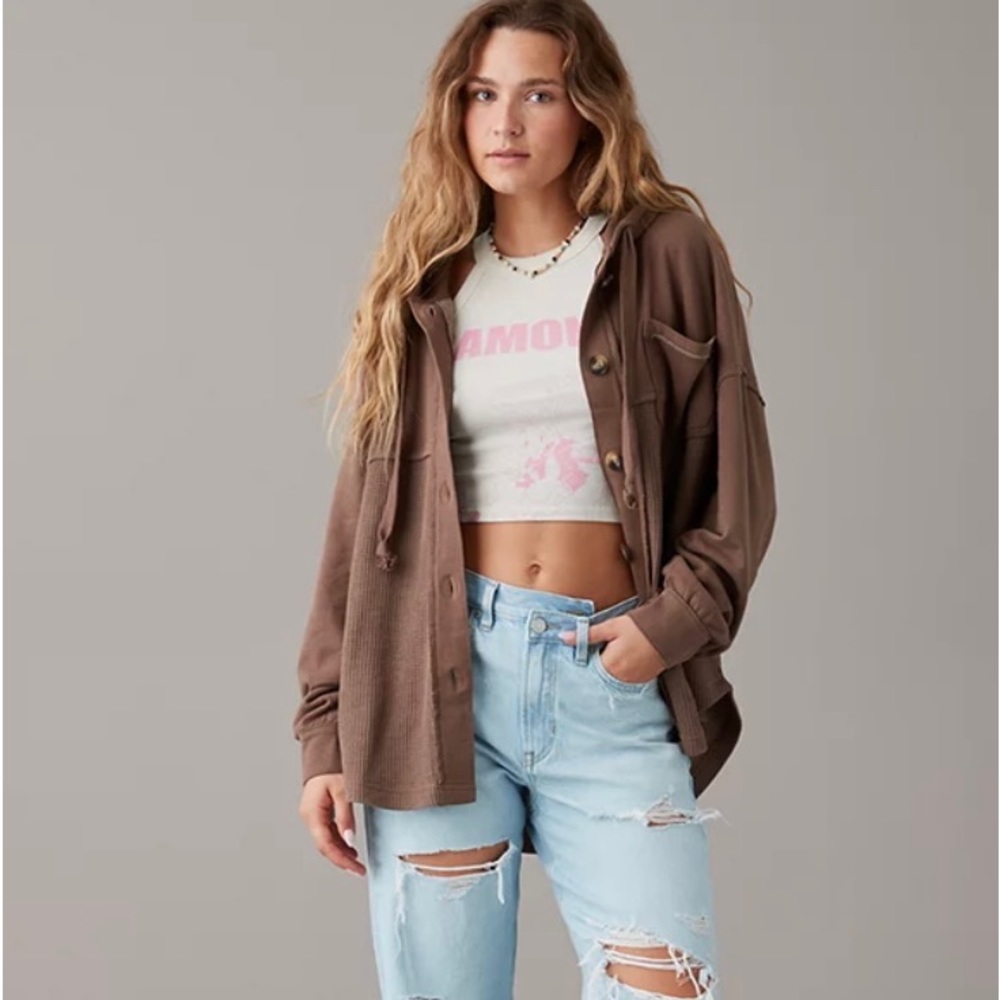 American Eagle Big Hug Hooded Shacket- brown